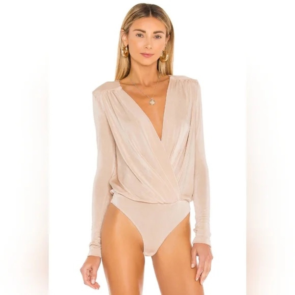 Free People Long Sleeve Plunge Wrap Bodysuit in Nude, NWT